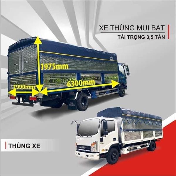 VT340 tải trọng 3.49 tấn, kích thước lòng thùng DxRxC(mm) 6300 x 1990 x 1975 mm , máy Isuzu